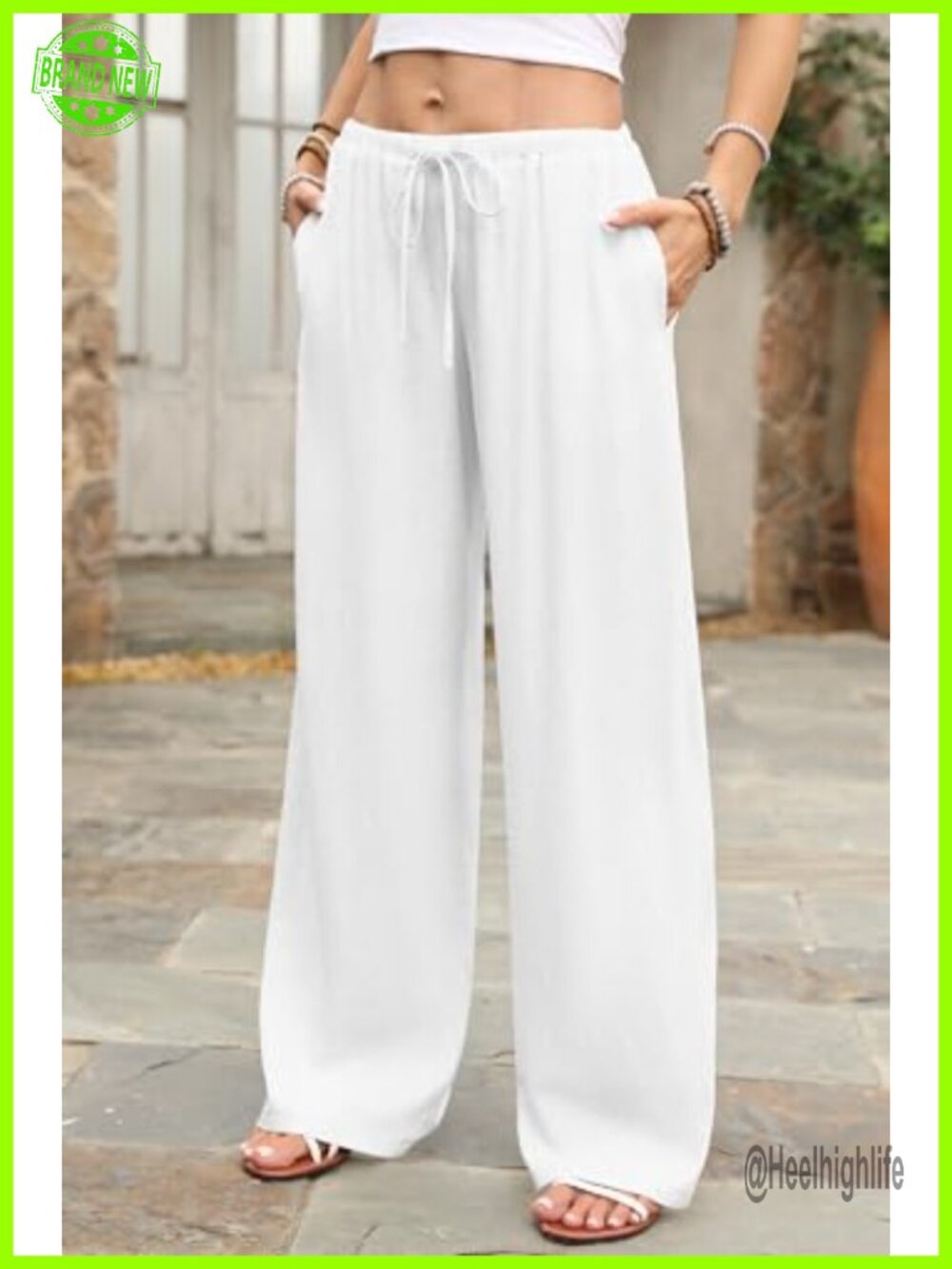 Wide Leg Linen Pants, Cotton-Linen Blend Palazzo Trousers, Low Rise Drawstring - Picture 2 of 6